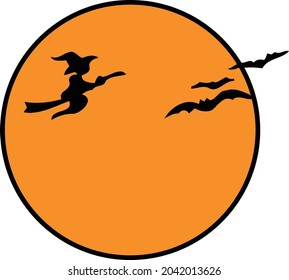 This silhouette features an orange moon with a witch riding her broomstick. 
