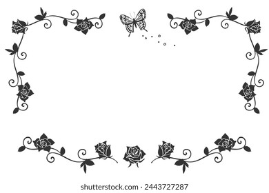 Dies ist eine Silhouettenrahmendarstellung einer Rose und eines Schmetterlings.