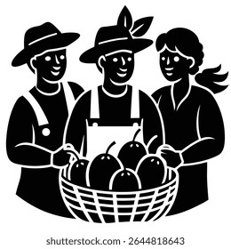 This silhouette image depicts three cheerful farmers, two men and one woman, wearing hats and holding a basket filled with fresh fruit, designed on white. - Powered by Shutterstock - Get 15% off with code: PIKWIZARD15