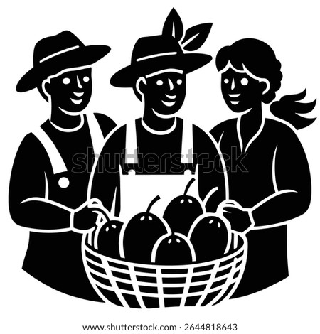 This silhouette image depicts three cheerful farmers, two men and one woman, wearing hats and holding a basket filled with fresh fruit, designed on white.