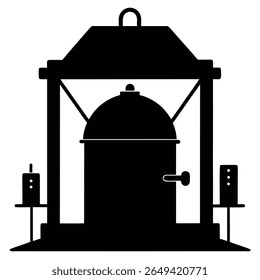 This is a silhouette of an old-fashioned safe with shelves and boxes beside it. The silhouette is in black and presented against a transparent background.
