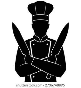 This silhouette portrays a chef with crossed knives, emblematic of culinary expertise, gastronomy, and the art of fine dining. It captures skill in the culinary domain.