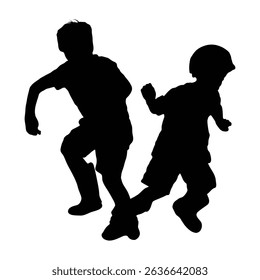 This silhouette showcases two children in motion, one wearing what appears to be a helmet. Their active postures suggest playing, running, or engaging in some form of energetic activity.