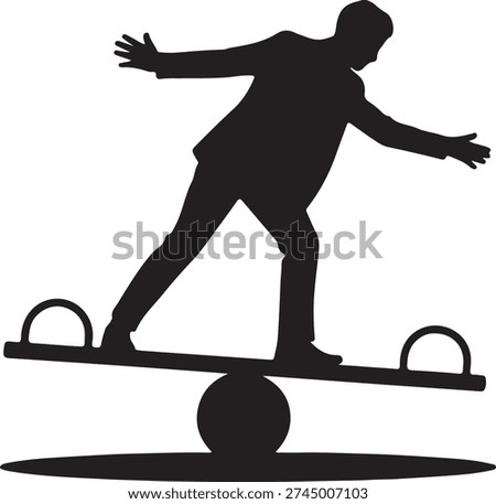 This silhouette shows a man in a suit trying to balance on a seesaw, symbolizing business risk and instability.