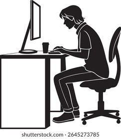 This silhouette vector illustration depicts a young person sitting at a desk, intensely focused on a computer. Leaning forward with a hunched posture, they are typing on the keyboard.
