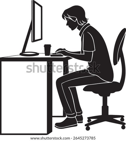 This silhouette vector illustration depicts a young person sitting at a desk, intensely focused on a computer. Leaning forward with a hunched posture, they are typing on the keyboard.
