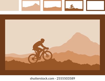 This is a silhouette-based vector design featuring a cyclist against a layered mountain landscape. It uses a warm, earthy color palette with gradients of browns and tans to create depth and contrast.