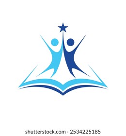 Dies ist ein einfaches abstraktes Design, das ein Buch mit zwei abstrakten Menschen darstellt, die zusammen den Stern darauf in blauer Neonfarbe auf weißem Hintergrund erreichen