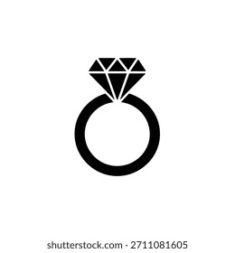 Este sencillo icono negro muestra un anillo de compromiso con un diamante, que significa amor, compromiso y elegancia sobre un fondo blanco.