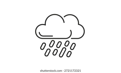 This simple black outline icon depicts a cloud with rain falling from it, symbolizing rainy weather conditions suitable for weather forecasts, weather apps, and signage. It is minimalistic and