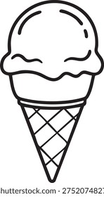 This simple black outline of a scooped ice cream cone represents a classic frozen dessert, perfect for conveying refreshment and culinary pleasure.
