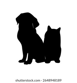 This simple black silhouette illustrates a dog and a cat sitting peacefully together against a white background, symbolizing pet companionship and harmony between different animal species.