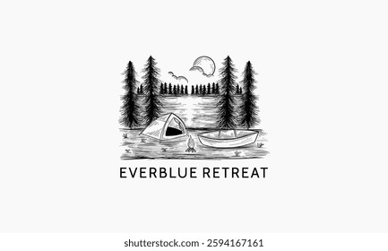 This simple black and white drawing depicts a lakeside scene with a camping tent, boat, and campfire.