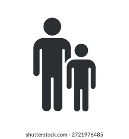 this simple black and white graphic depicts a larger adult figure standing alongside a noticeably smaller child figure implying a familial relationship