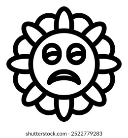 This simple black and white icon of a flower with a sad face evokes feelings of disappointment and sadness