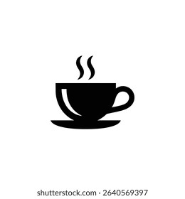 This simple black and white icon features a coffee cup with visible steam above it, sitting atop a saucer. Perfect as a symbol for hot beverages.