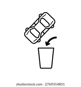 This simple black and white icon visualizes a car being dropped into a trash can, accompanied by a downward arrow. It effectively communicates concepts related to discarding old vehicles, automotive waste, environmental concerns, or the end of a car's life cycle.