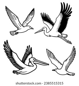 This simple black and white illustration features three shorebirds: a pelican, a stork, and a seagull is shown flying with its large beak open