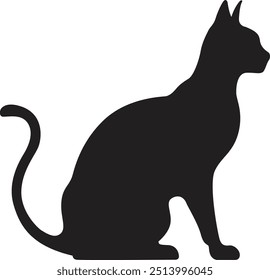 Esta es una simple ilustración en blanco y negro de una silueta de gato. El gato está sentado con la cola rizada.