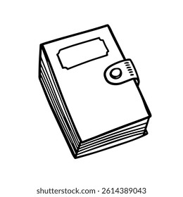 This is a simple black and white illustration depicting a closed notebook that is secured using a strap