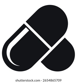 Esta es una simple ilustración en blanco y negro de dos píldoras de cápsula superpuestas. La Imagen es limpia y gráfica.