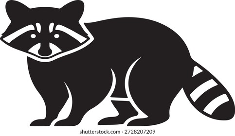 Esta é uma simples ilustração em preto e branco de um guaxinim em pé sobre um fundo plano. O guaxinim é retratado em um estilo fofo e cartunesco, com uma marca distintiva em forma de máscara em seu rosto e uma cauda espessa. A ilustração provavelmente se destina ao uso como um logotipo, ícone ou outro elemento gráfico.