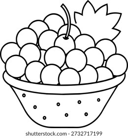 This is a simple black and white illustration of a bowl filled with grapes. The bowl is round and has small dots on it, while the grapes are also round and have a stem with a leaf attached to it. The illustration is minimalistic and uses basic shapes and lines to create a clean and simple design.