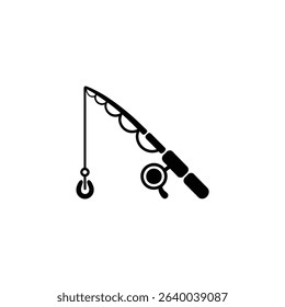 This simple black and white image shows a fishing rod with a hook dangling from the line. A reel is attached near the rod's handle, offering a complete fishing gear depiction.