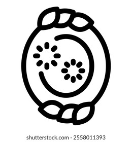 This simple black and white line icon represents a plate with two slices of kiwi fruit, showing the seeds and flesh