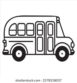 This is a simple black and white line art drawing of a school bus, suitable for use as an icon or graphic representing school transportation or education.