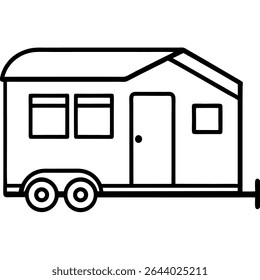 This simple black and white line art illustration depicts a travel trailer, ideal for representing RVs and mobile homes.