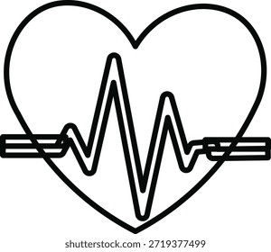 This is a simple black and white line art illustration of a heart with a heartbeat line inside. It represents health, life, and the vital functions of the body. high-quality