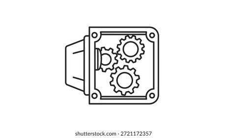 Esta é uma ilustração simples em preto e branco de um mecanismo de engrenagens dentro de uma caixa retangular. A imagem enfatiza componentes e sistemas mecânicos em um estilo minimalista, adequado