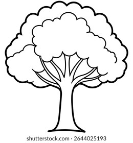 Este simples esboço em preto e branco ilustra uma árvore exuberante, perfeita para vários projetos criativos. O gráfico vetorial apresenta uma descrição detalhada das folhas da árvore, tronco.