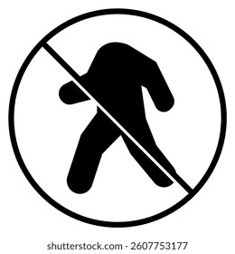 This simple black and white sign depicts a person crossed out inside a circle, indicating no pedestrian access or activity. Useful for conveying restrictions in various environments