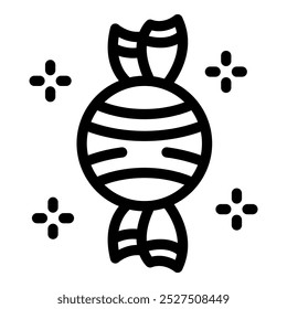 This simple black and white vector icon represents a round candy, wrapped and sparkling