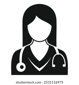 This simple, black and white vector illustration depicts a female doctor wearing a stethoscope