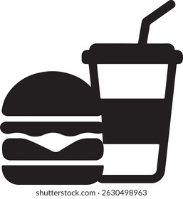 This simple black and white vector illustration features a classic burger and soda cup, ideal for food-related design projects.