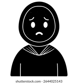 Esta simples ilustração vetorial em preto e branco retrata uma pessoa triste sobrecarregada de tristeza e tristeza.
