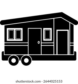 This simple black and white vector illustration features a minimalist silhouette of a mobile home or travel trailer, perfect for a range of design projects.