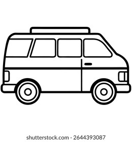 Esta ilustração vetorial simples em preto e branco representa uma van de passageiros ou um minibus em um estilo de contorno limpo. 