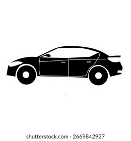 Este sencillo icono en blanco y negro representa el perfil lateral de un coche sedán. La silueta negra sólida sobre un fondo blanco le da un diseño limpio y minimalista, adecuado para un letrero o App.