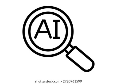 Dieses einfache Schwarz-Weiß-Symbol verfügt über eine Lupe, die die Buchstaben "AI" umgibt. Die Lupe ist ein universelles Symbol für das Suchen, Überprüfen oder Entdecken von Informationen.