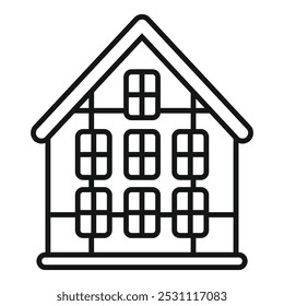 This simple, bold line icon depicts a house with solar panels installed on the roof, representing sustainable living and clean energy