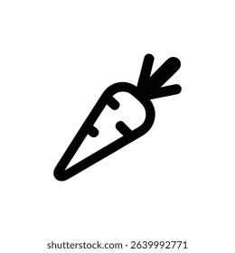 This is a simple, bold outline of a carrot illustration, suitable for web icons or design assets. Minimalist style in black over a plain white background.