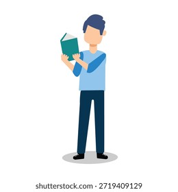 Esta es una simple ilustración de dibujos animados de un hombre leyendo un libro. El hombre lleva una camisa azul y pantalones oscuros, y está de pie sobre una sombra ovalada gris. El libro es verde con una tapa blanca. El estilo de ilustración es minimalista y moderno, lo que lo hace adecuado para materiales educativos o informativos.