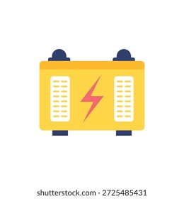 Esta é uma ilustração de desenho animado simples de uma bateria amarela com um raio vermelho sobre um fundo branco. A imagem é uma representação gráfica de energia e potência, muitas vezes usada para simbolizar eletricidade e dispositivos eletrônicos. O estilo de ilustração é minimalista e plano, tornando-o adequado para várias aplicações digitais e de impressão.