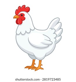 This simple cartoon style illustration shows a cute white chicken standing on a clean white background. The farm bird features a bright red comb and yellow feet with a friendly expression. It is a perfect graphic element for agricultural design projects.