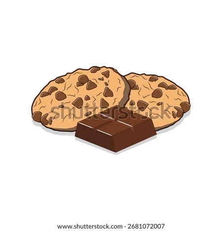 This is a simple, cartoonish illustration of two chocolate chip cookies and a chocolate bar. 