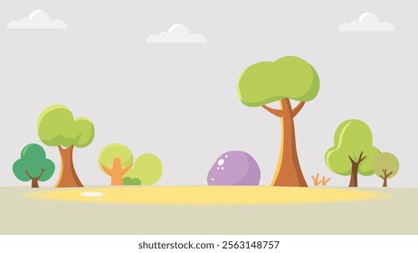 This simple, cartoon-style illustration of a natural landscape features several trees of varying sizes and shapes, a large purple rock, and some small bushes.